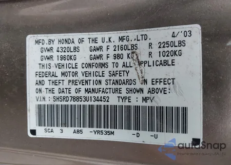 2003 Honda Cr-V Ex из США, поврежденный, VIN SHSRD78853U134452